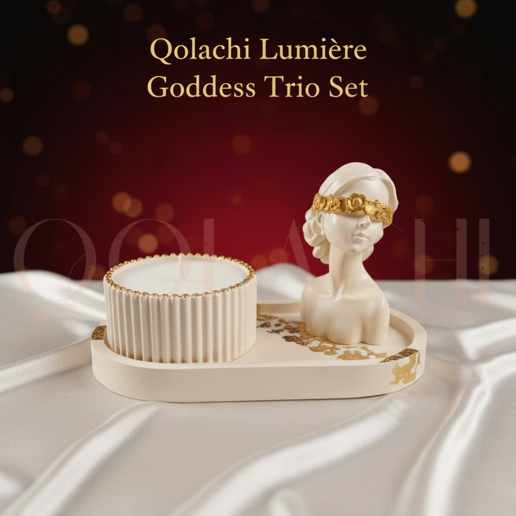 Lumière Goddess Trio Set — Sculptural Candle Jar, Floral Bust & Oval Trinket Tray Display