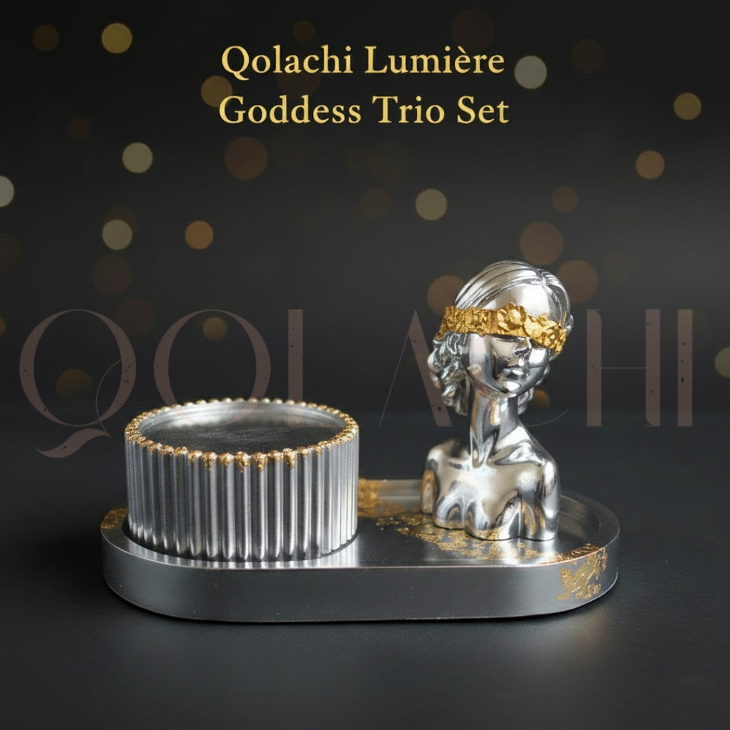 Lumière Goddess Trio Set — Sculptural Candle Jar, Floral Bust & Oval Trinket Tray Display