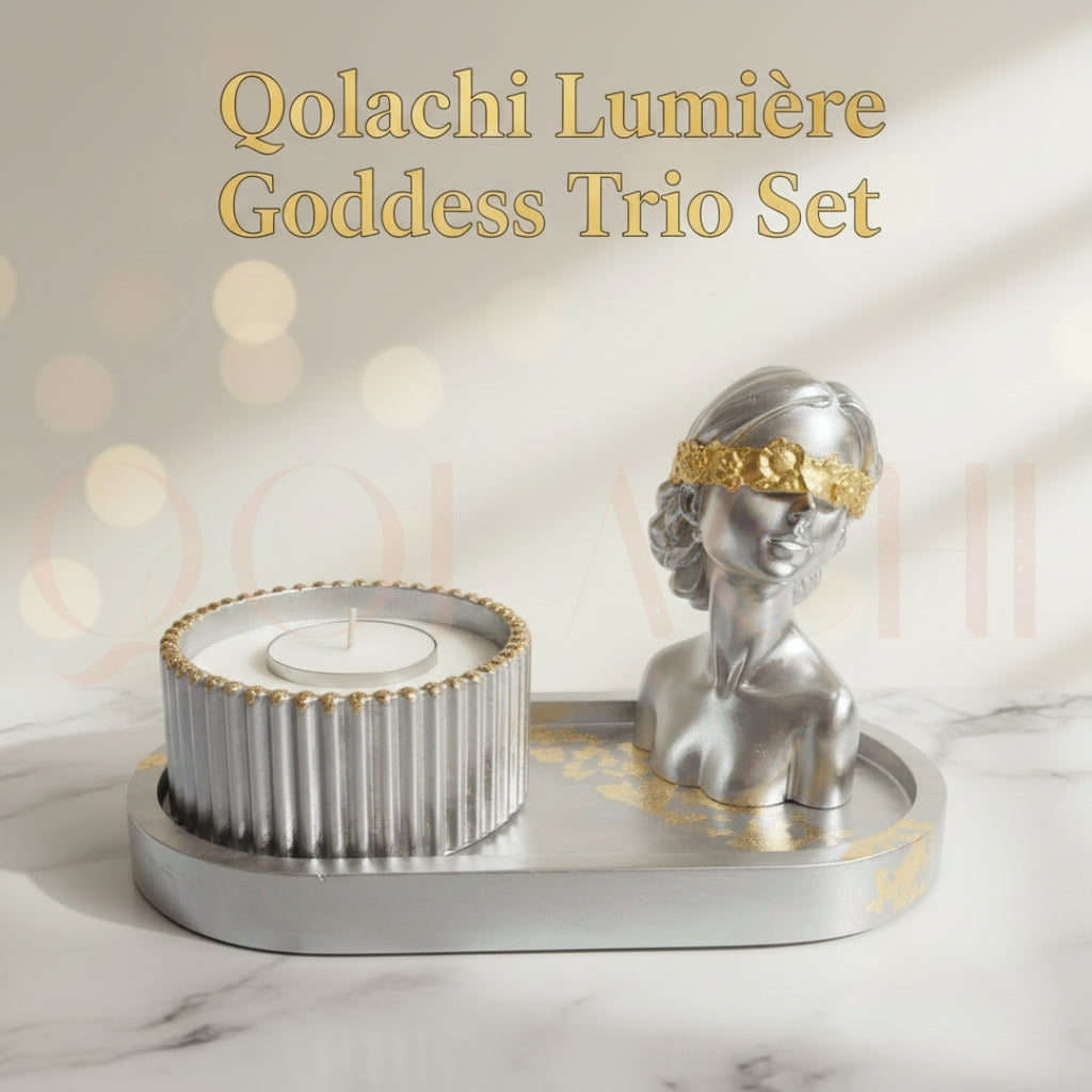 Lumière Goddess Trio Set — Sculptural Candle Jar, Floral Bust & Oval Trinket Tray Display