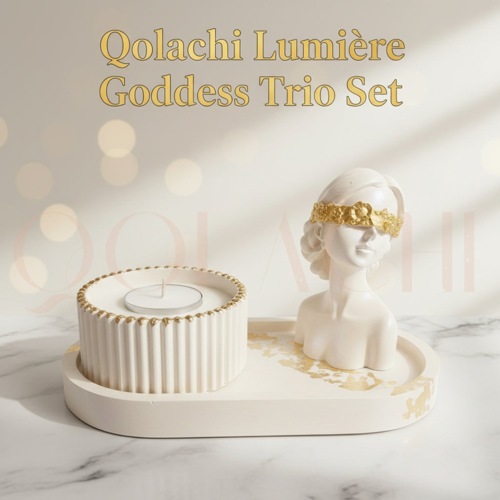 Lumière Goddess Trio Set — Sculptural Candle Jar, Floral Bust & Oval Trinket Tray Display