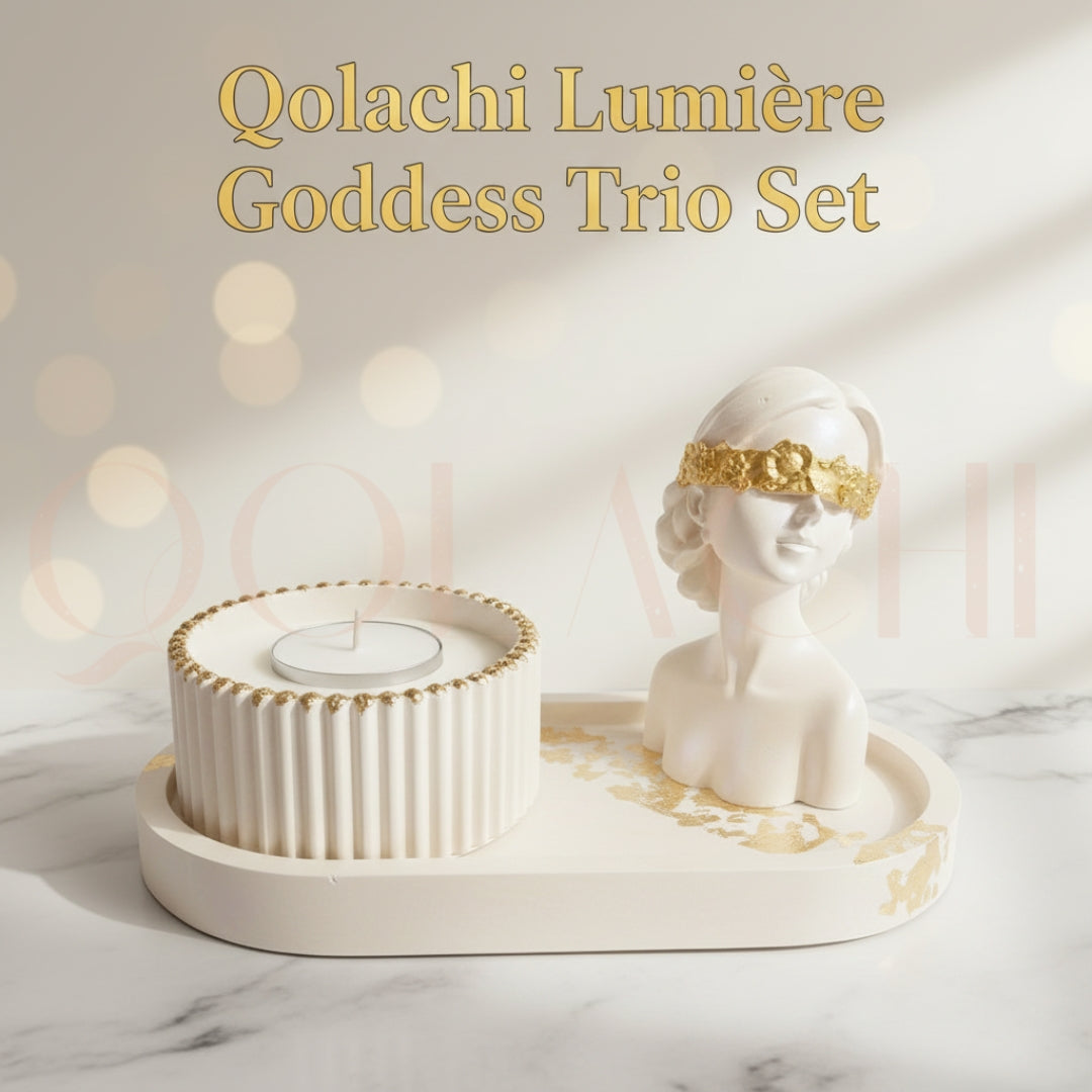 Lumière Goddess Trio Set — Sculptural Candle Jar, Floral Bust & Oval Trinket Tray Display