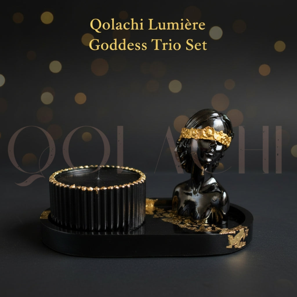 Lumière Goddess Trio Set — Sculptural Candle Jar, Floral Bust & Oval Trinket Tray Display