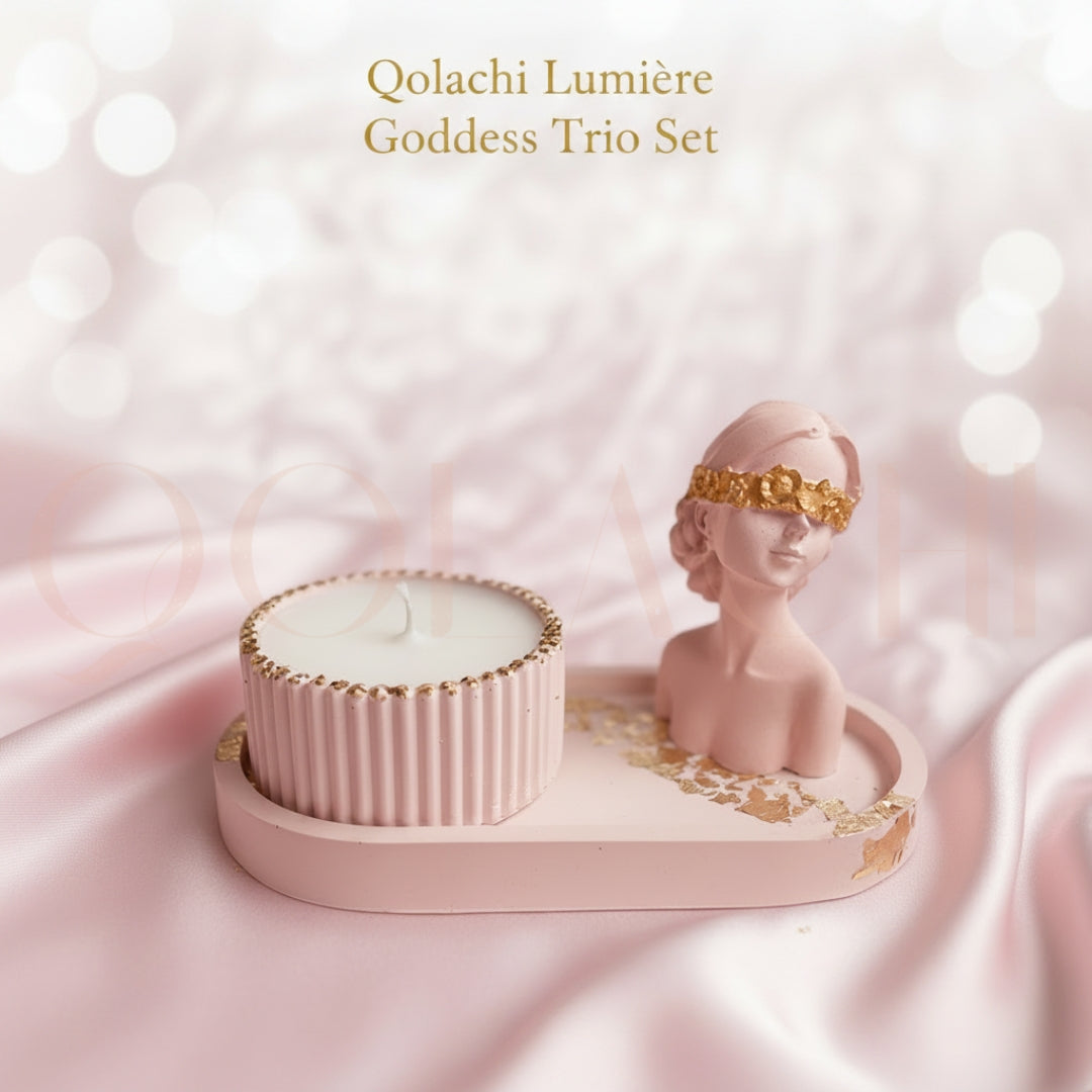 Lumière Goddess Trio Set — Sculptural Candle Jar, Floral Bust & Oval Trinket Tray Display