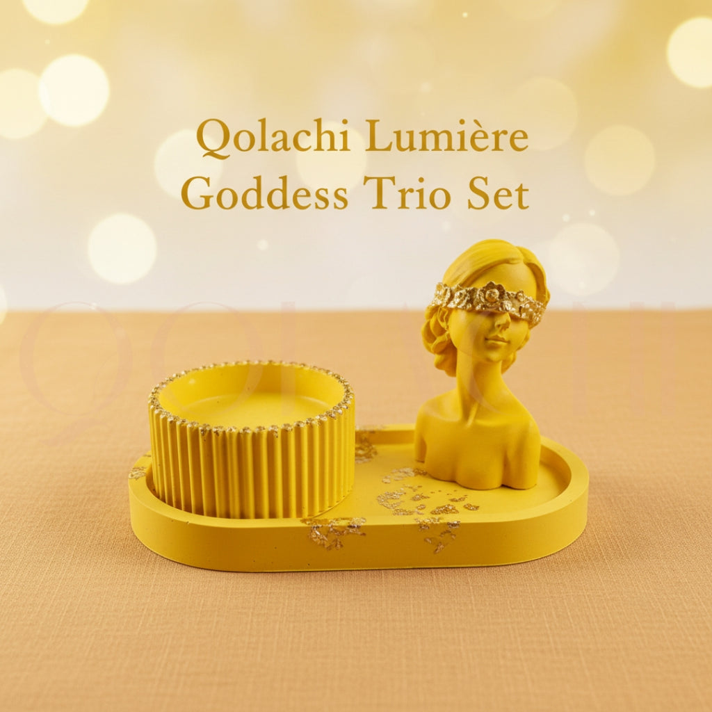Lumière Goddess Trio Set — Sculptural Candle Jar, Floral Bust & Oval Trinket Tray Display