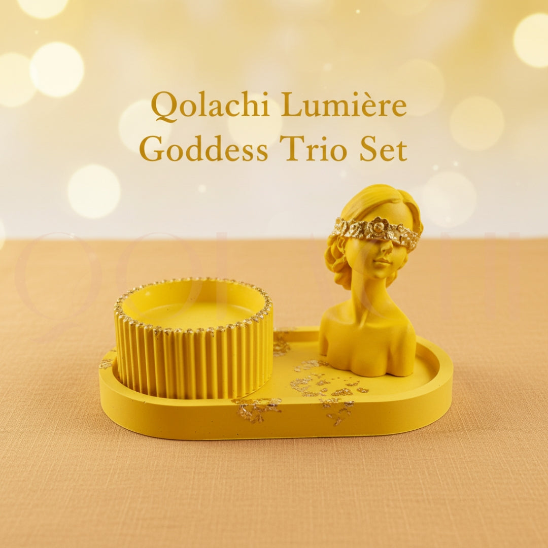 Lumière Goddess Trio Set — Sculptural Candle Jar, Floral Bust & Oval Trinket Tray Display