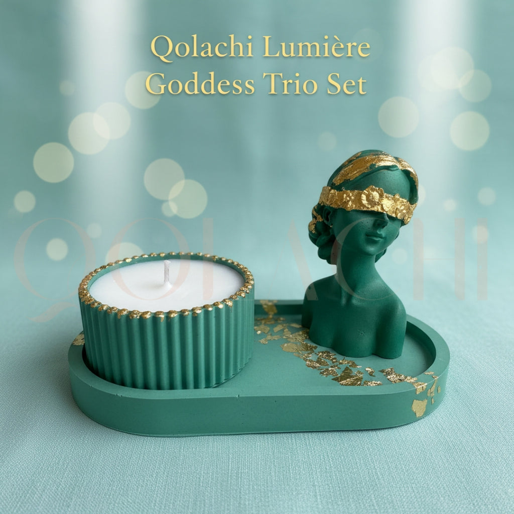 Lumière Goddess Trio Set — Sculptural Candle Jar, Floral Bust & Oval Trinket Tray Display