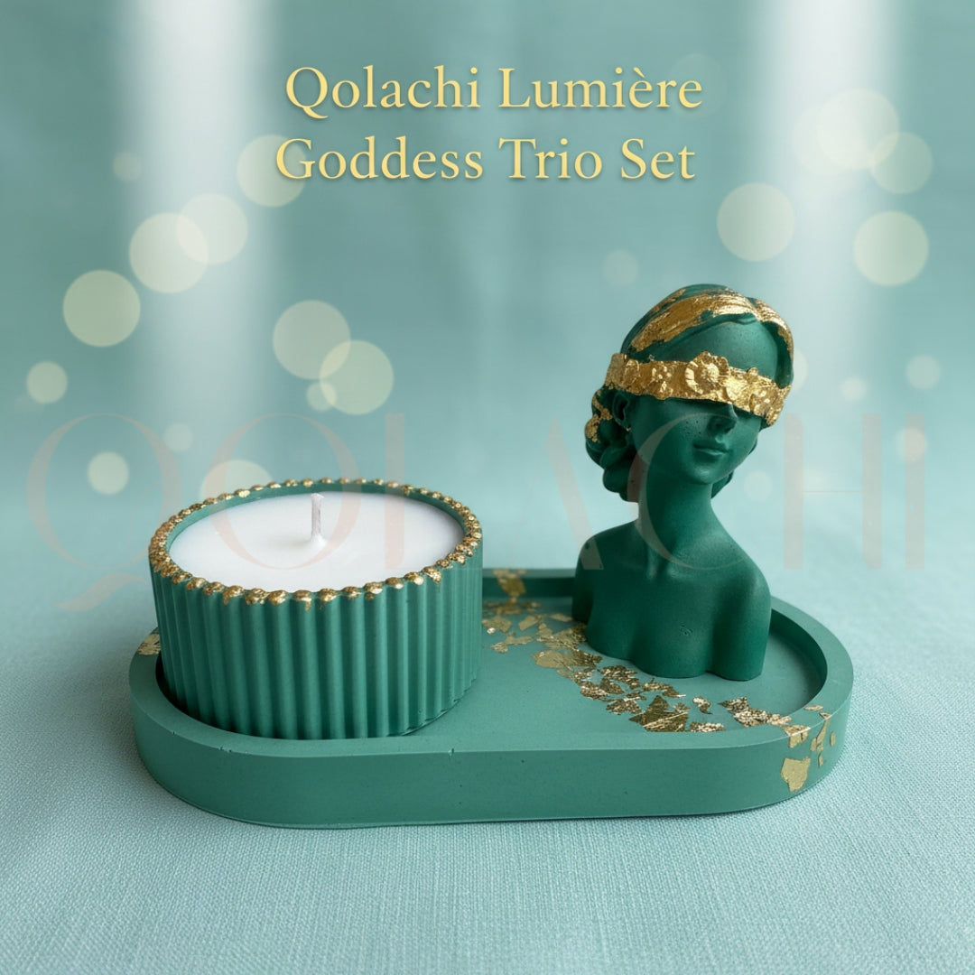 Lumière Goddess Trio Set — Sculptural Candle Jar, Floral Bust & Oval Trinket Tray Display