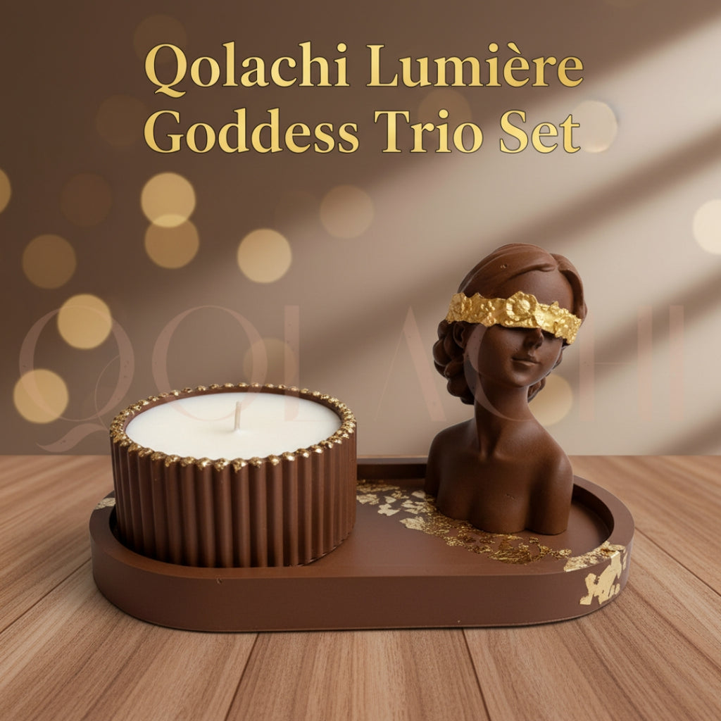 Lumière Goddess Trio Set — Sculptural Candle Jar, Floral Bust & Oval Trinket Tray Display
