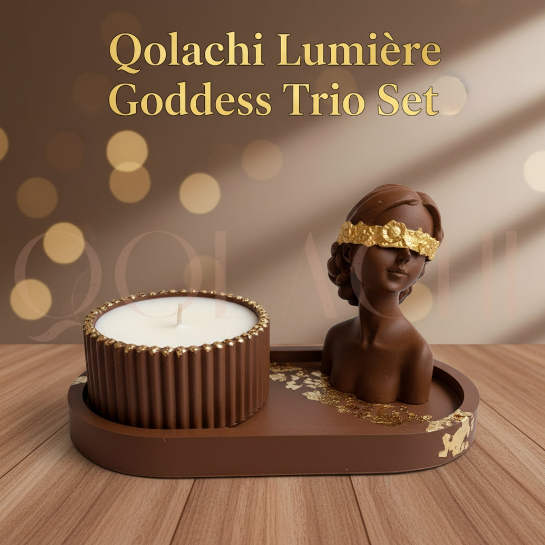Lumière Goddess Trio Set — Sculptural Candle Jar, Floral Bust & Oval Trinket Tray Display