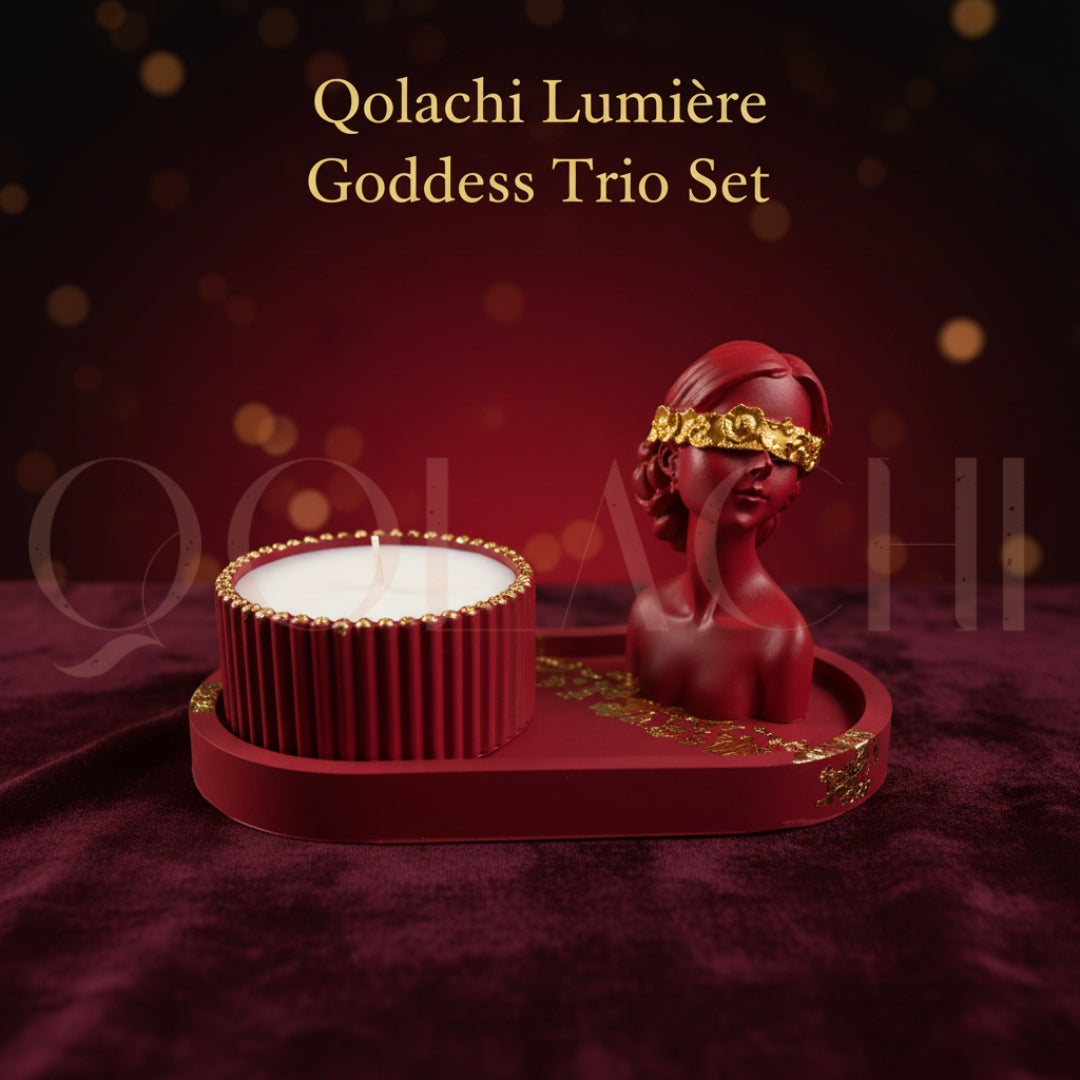 Lumière Goddess Trio Set — Sculptural Candle Jar, Floral Bust & Oval Trinket Tray Display