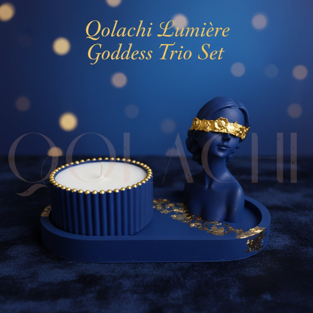 Lumière Goddess Trio Set — Sculptural Candle Jar, Floral Bust & Oval Trinket Tray Display
