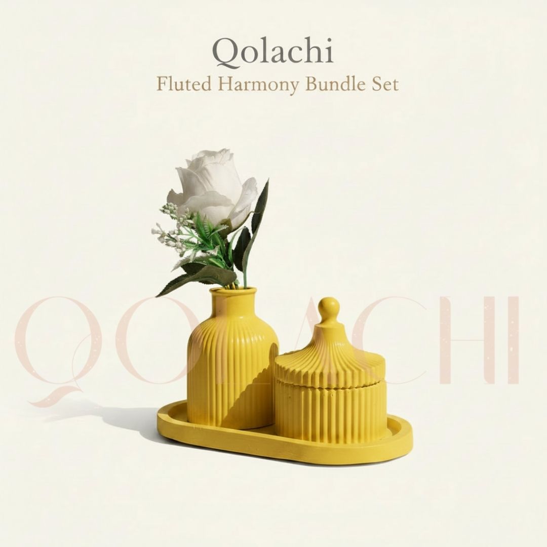 Qolachi Fluted Harmony Bundle — Ribbed Vase, Jar & Tray Set
