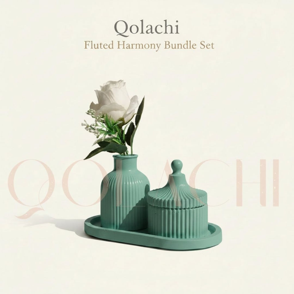 Qolachi Fluted Harmony Bundle — Ribbed Vase, Jar & Tray Set