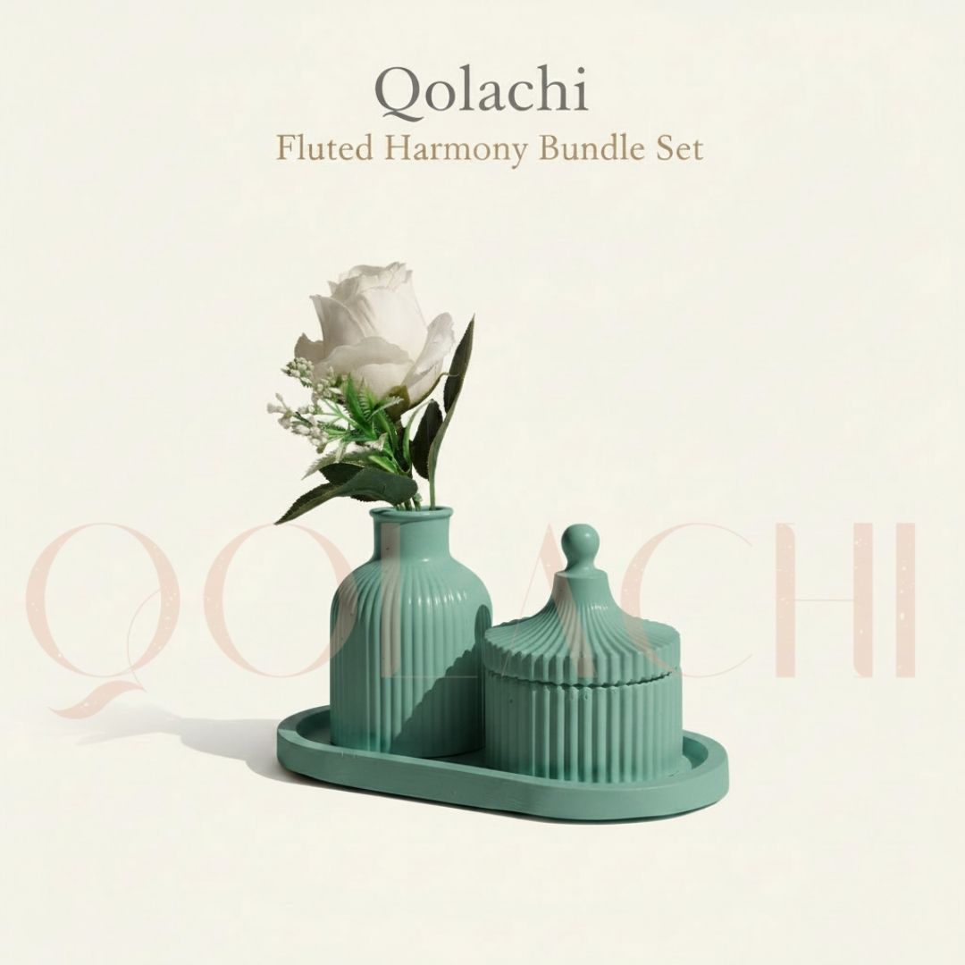 Qolachi Fluted Harmony Bundle — Ribbed Vase, Jar & Tray Set