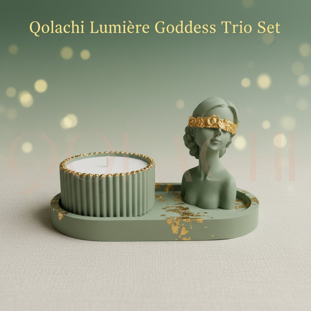 Lumière Goddess Trio Set — Sculptural Candle Jar, Floral Bust & Oval Trinket Tray Display