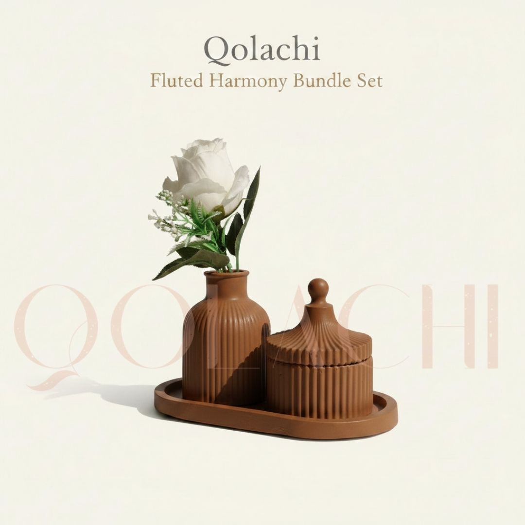 Qolachi Fluted Harmony Bundle — Ribbed Vase, Jar & Tray Set