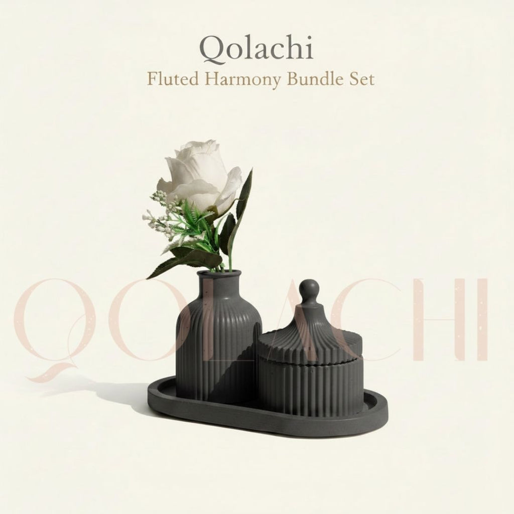 Qolachi Fluted Harmony Bundle — Ribbed Vase, Jar & Tray Set