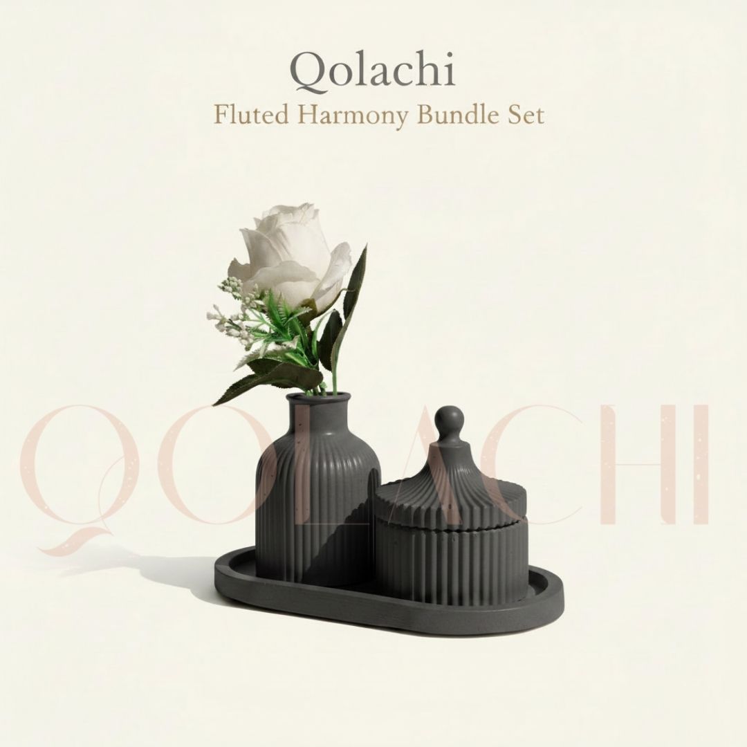 Qolachi Fluted Harmony Bundle — Ribbed Vase, Jar & Tray Set