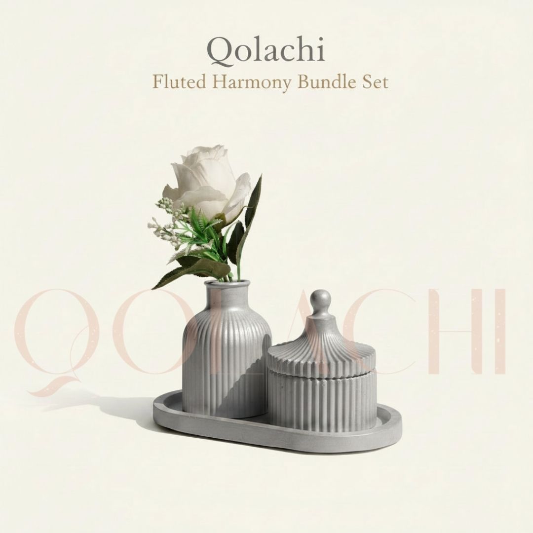Qolachi Fluted Harmony Bundle — Ribbed Vase, Jar & Tray Set