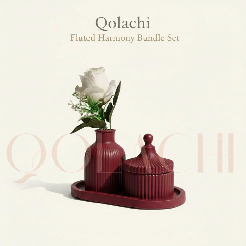 Qolachi Fluted Harmony Bundle — Ribbed Vase, Jar & Tray Set