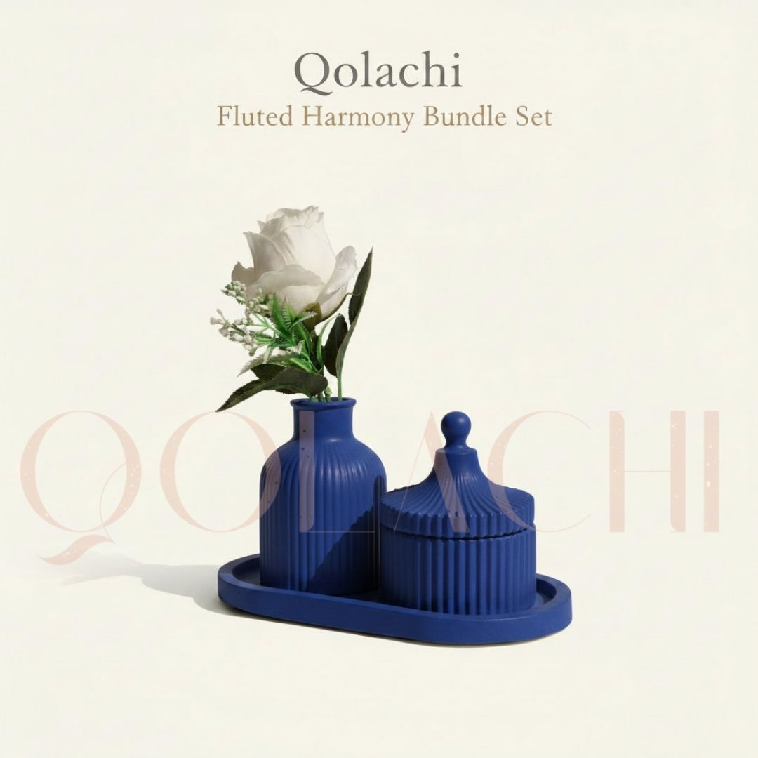 Qolachi Fluted Harmony Bundle — Ribbed Vase, Jar & Tray Set