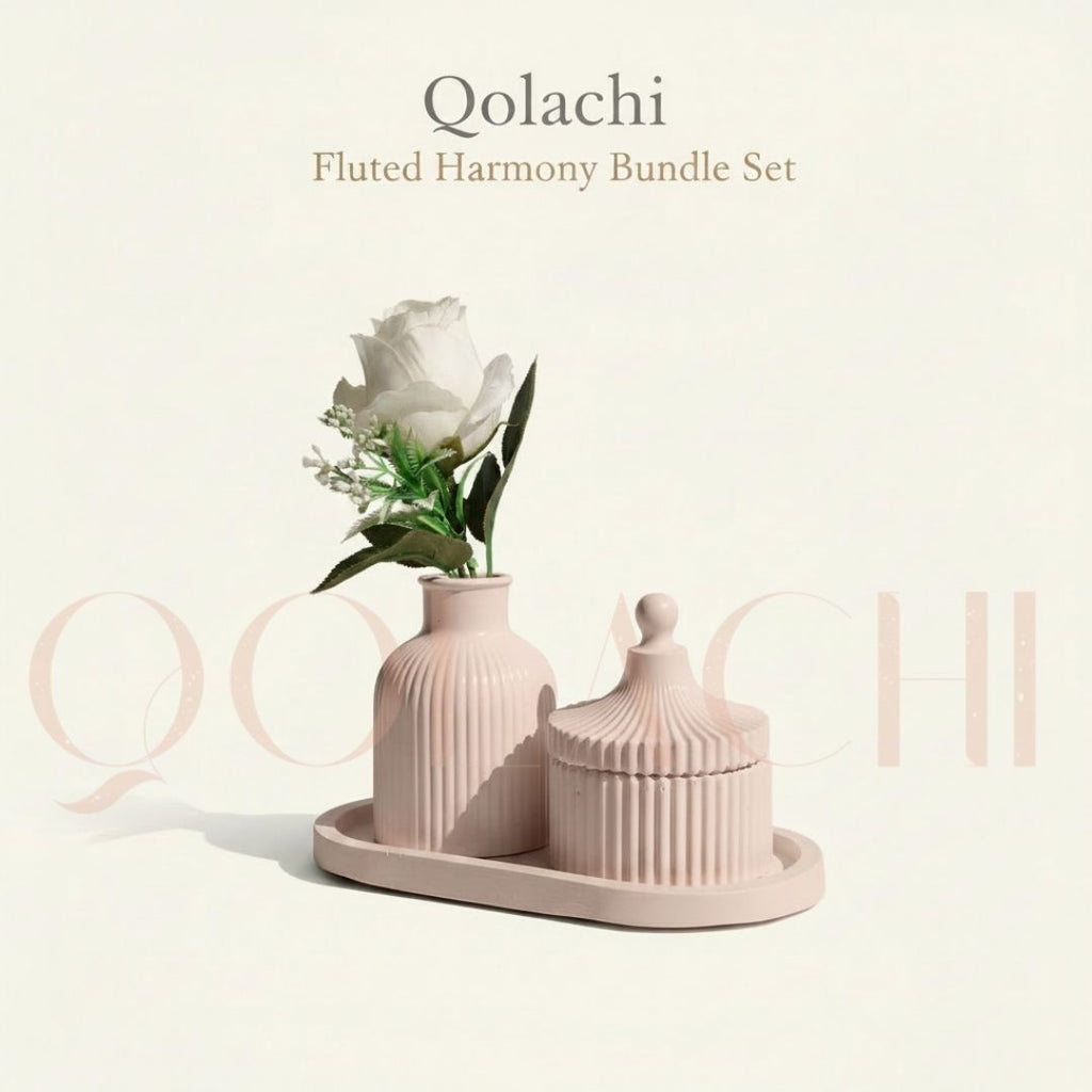 Qolachi Fluted Harmony Bundle — Ribbed Vase, Jar & Tray Set