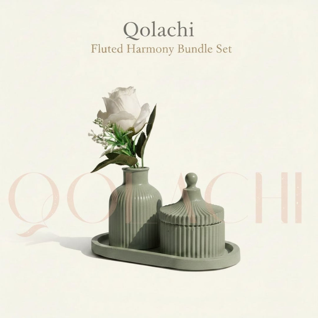Qolachi Fluted Harmony Bundle — Ribbed Vase, Jar & Tray Set