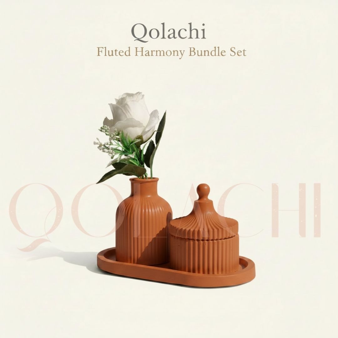 Qolachi Fluted Harmony Bundle — Ribbed Vase, Jar & Tray Set