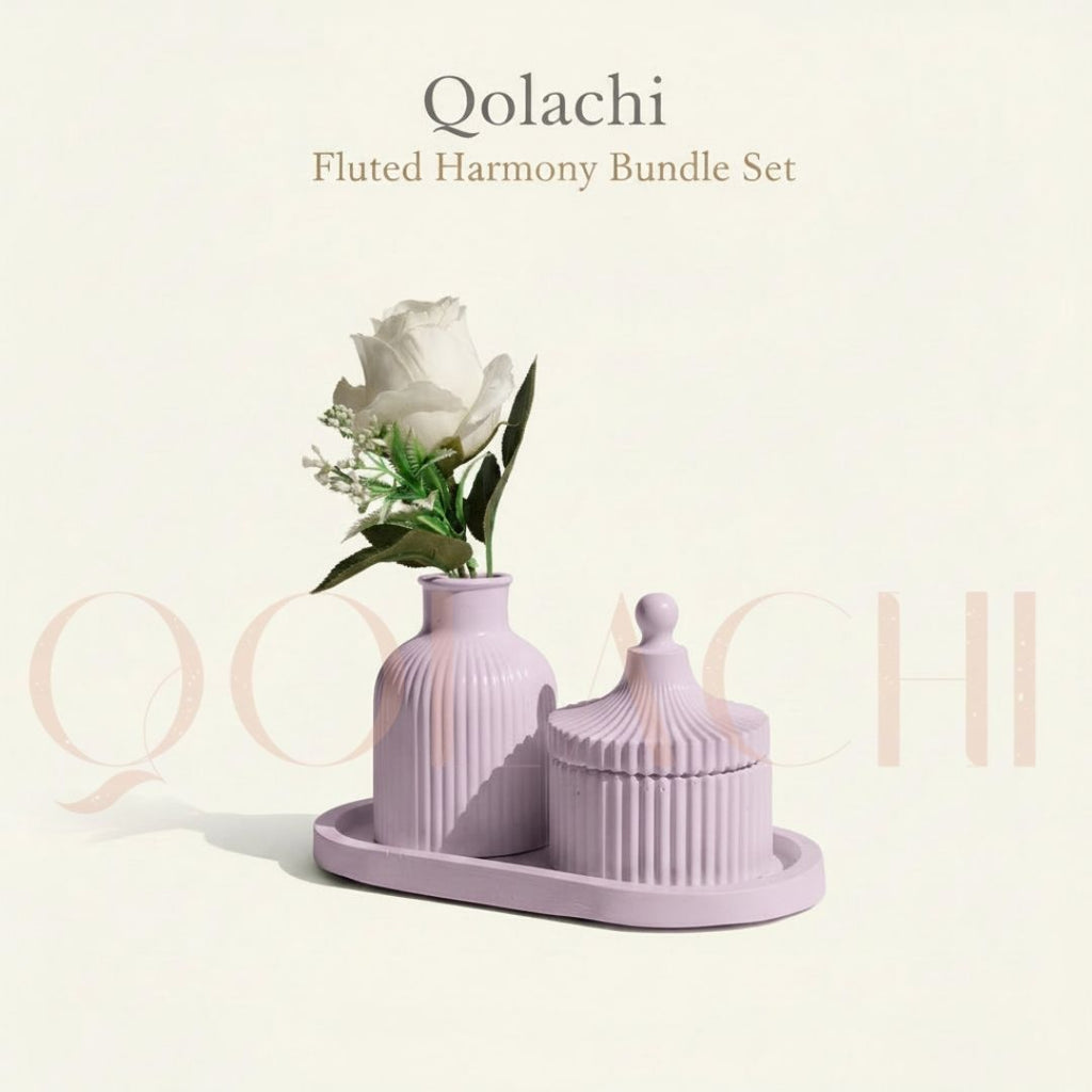 Qolachi Fluted Harmony Bundle — Ribbed Vase, Jar & Tray Set
