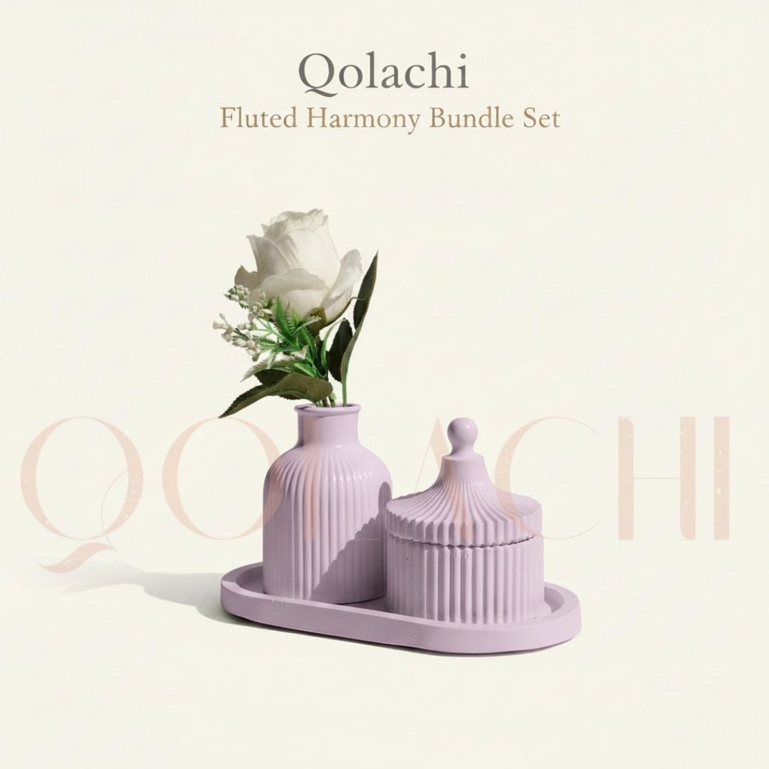 Qolachi Fluted Harmony Bundle — Ribbed Vase, Jar & Tray Set