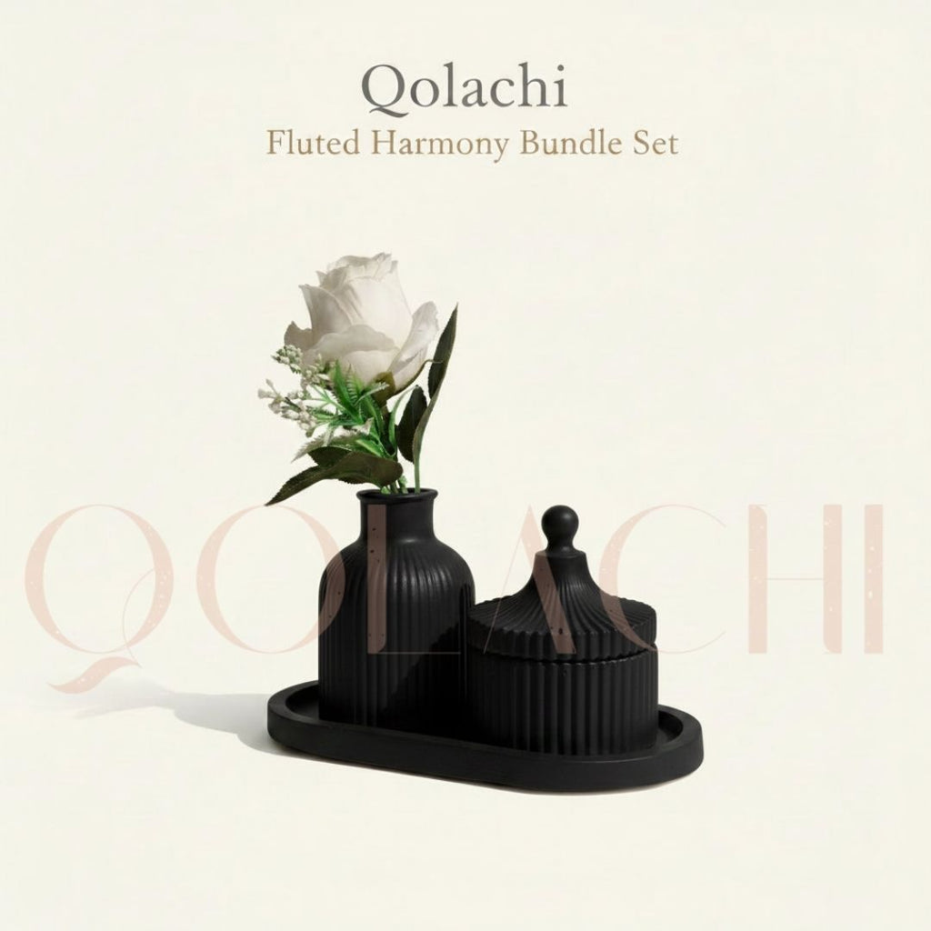 Qolachi Fluted Harmony Bundle — Ribbed Vase, Jar & Tray Set
