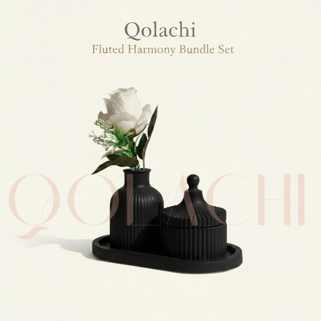 Qolachi Fluted Harmony Bundle — Ribbed Vase, Jar & Tray Set