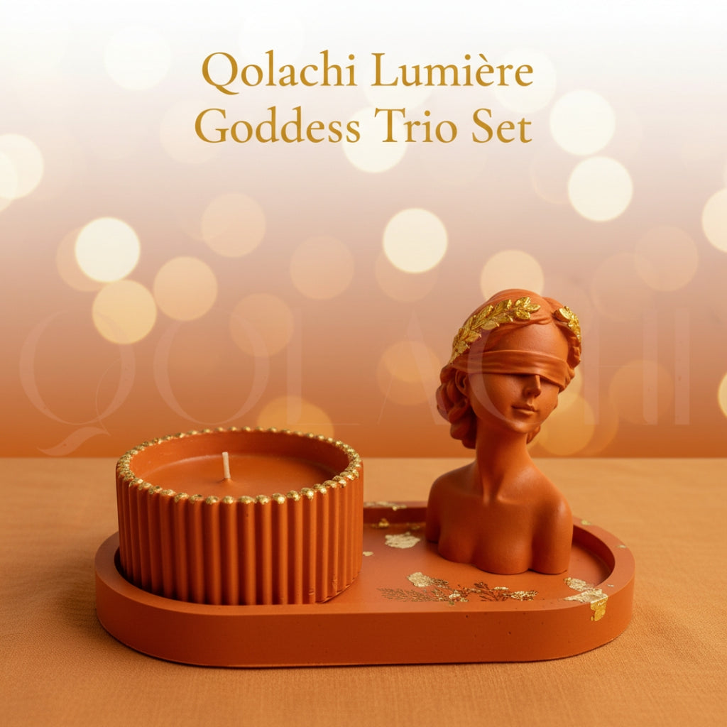 Lumière Goddess Trio Set — Sculptural Candle Jar, Floral Bust & Oval Trinket Tray Display