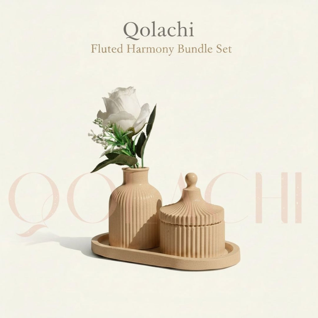 Qolachi Fluted Harmony Bundle — Ribbed Vase, Jar & Tray Set