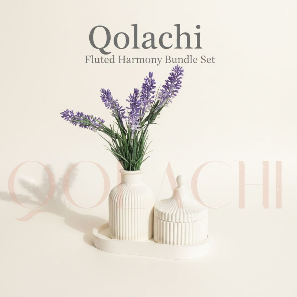 Qolachi Fluted Harmony Bundle — Ribbed Vase, Jar & Tray Set