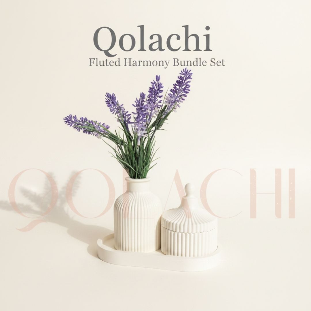 Qolachi Fluted Harmony Bundle — Ribbed Vase, Jar & Tray Set