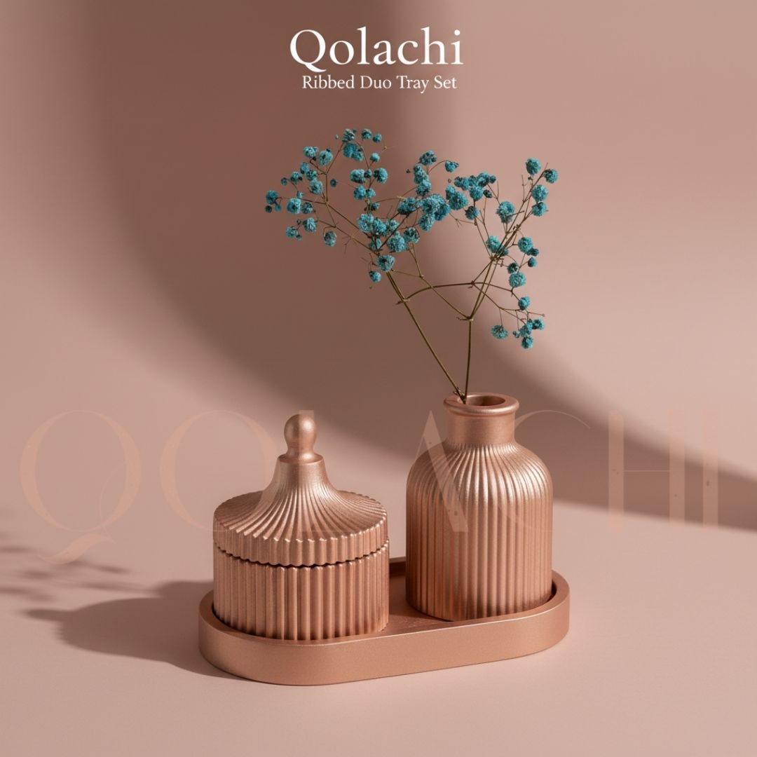 Qolachi Fluted Harmony Bundle — Ribbed Vase, Jar & Tray Set