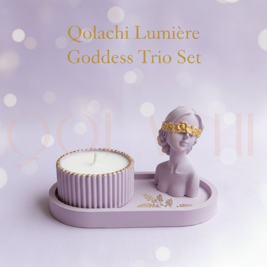 Lumière Goddess Trio Set — Sculptural Candle Jar, Floral Bust & Oval Trinket Tray Display