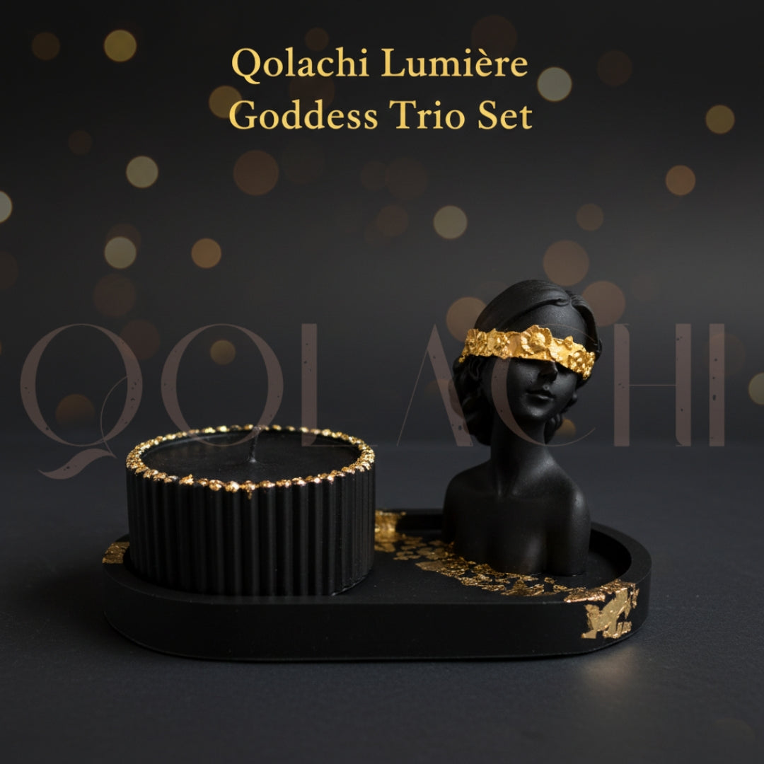 Lumière Goddess Trio Set — Sculptural Candle Jar, Floral Bust & Oval Trinket Tray Display