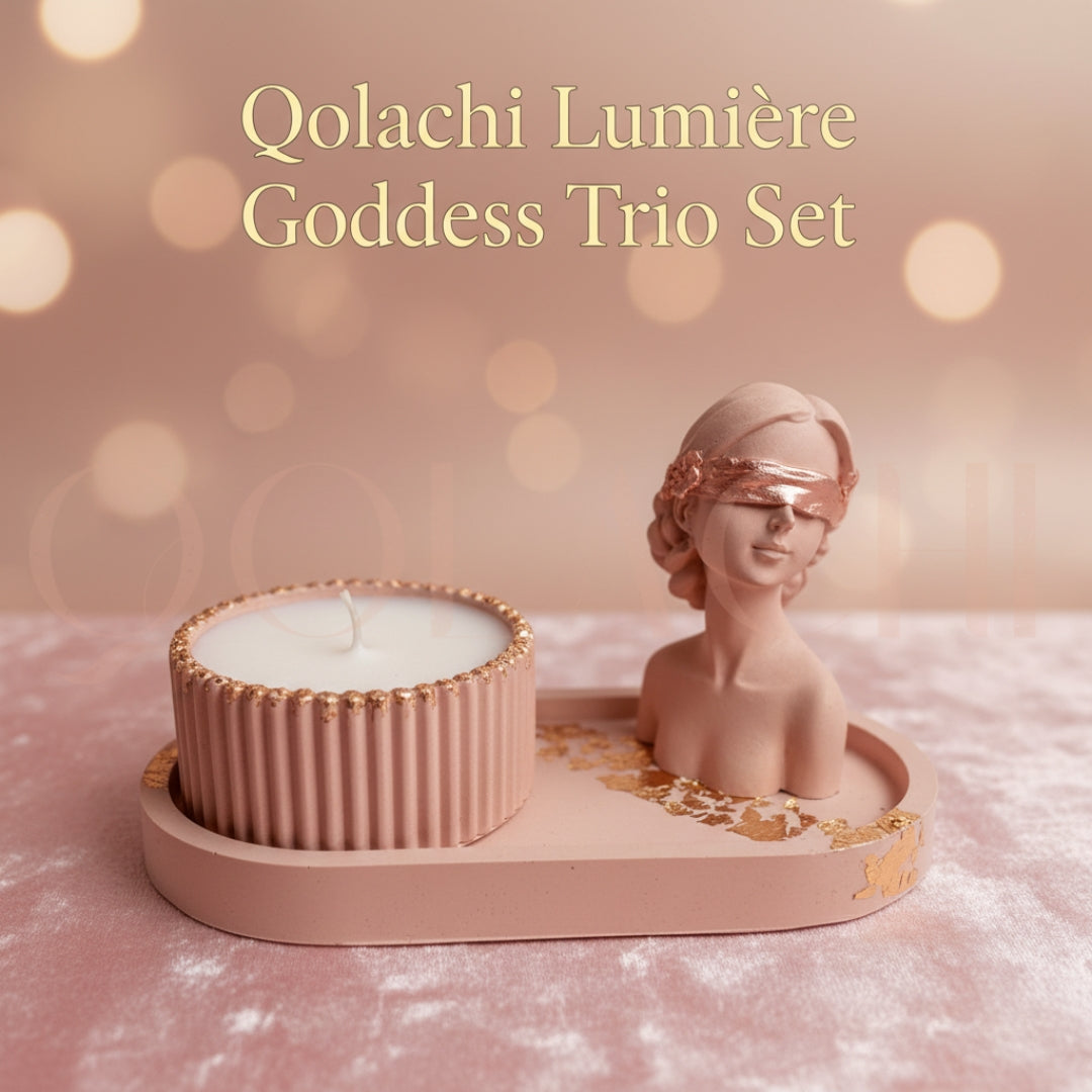 Lumière Goddess Trio Set — Sculptural Candle Jar, Floral Bust & Oval Trinket Tray Display