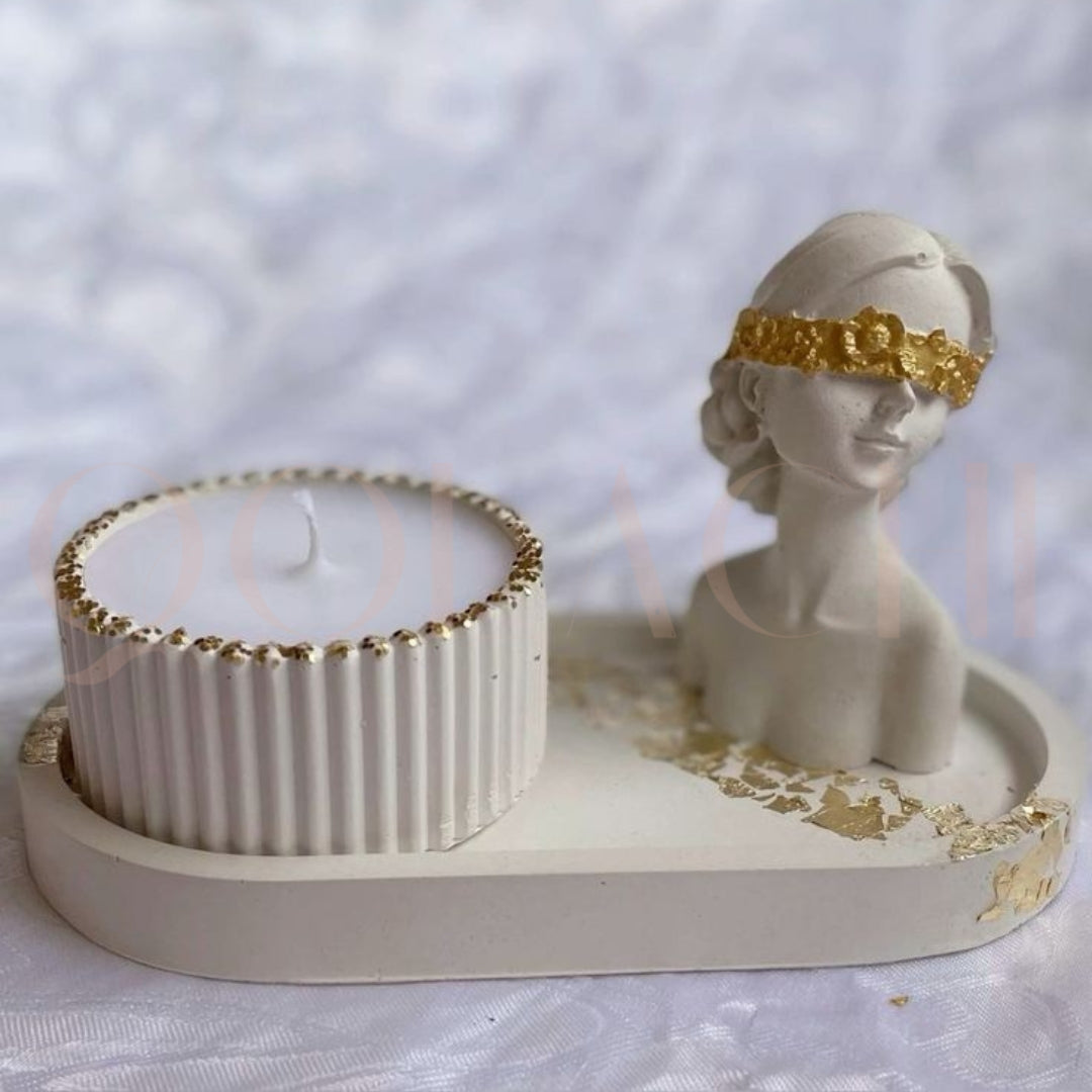 Lumière Goddess Trio Set — Sculptural Candle Jar, Floral Bust & Oval Trinket Tray Display