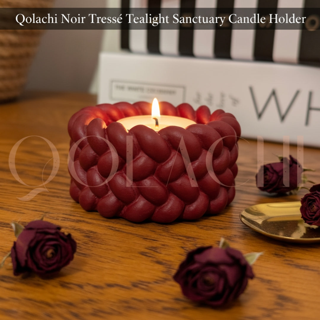 Noir Tressé Tealight Sanctuary — Handcrafted Braided Concrete Candle Holder