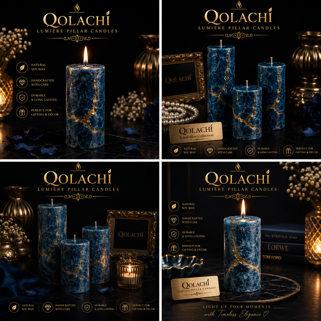 Qolachi Lumière Pillar Candles – Royal Red Vine Kintsugi Collection