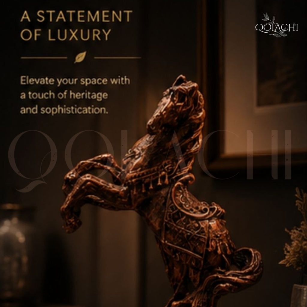 Qolachi Rearing Horse Sculpture – Dark luxury background with brand logo
