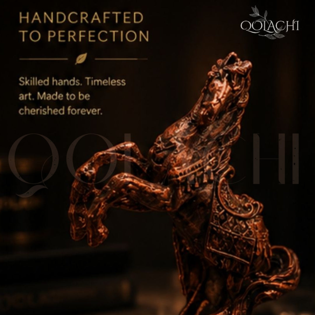 Qolachi Imperial Rearing Horse Sculpture – Antique Copper Finish on marble surface