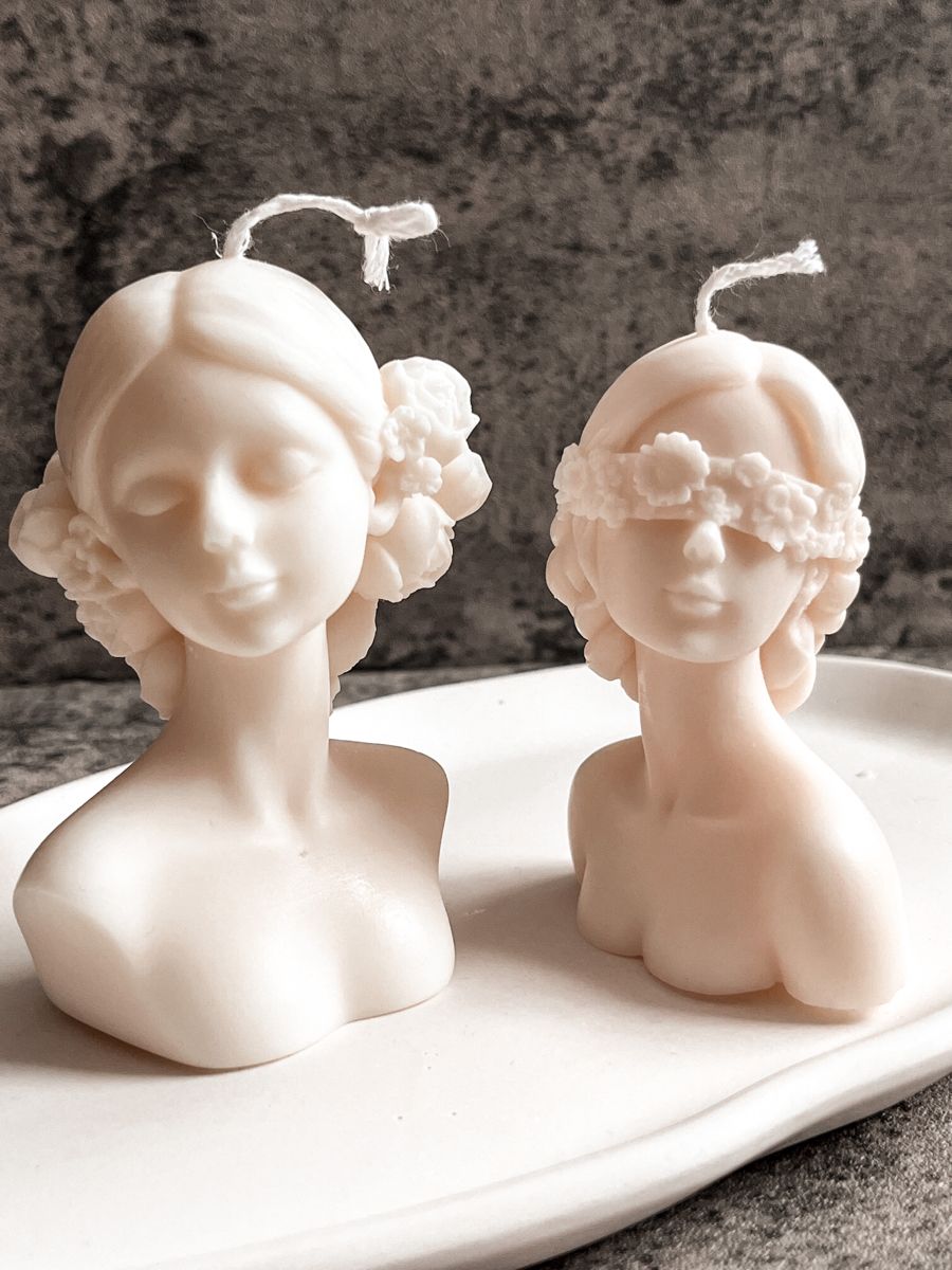 Qolachi Venus and Muse sculptural bust candles - ceramic finish duo