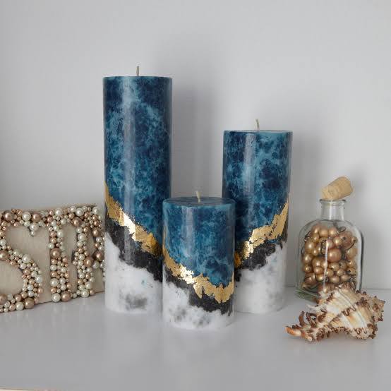 Oceanic Luxe Pillar Candle Collection - Set of three in teal marble and gold leaf