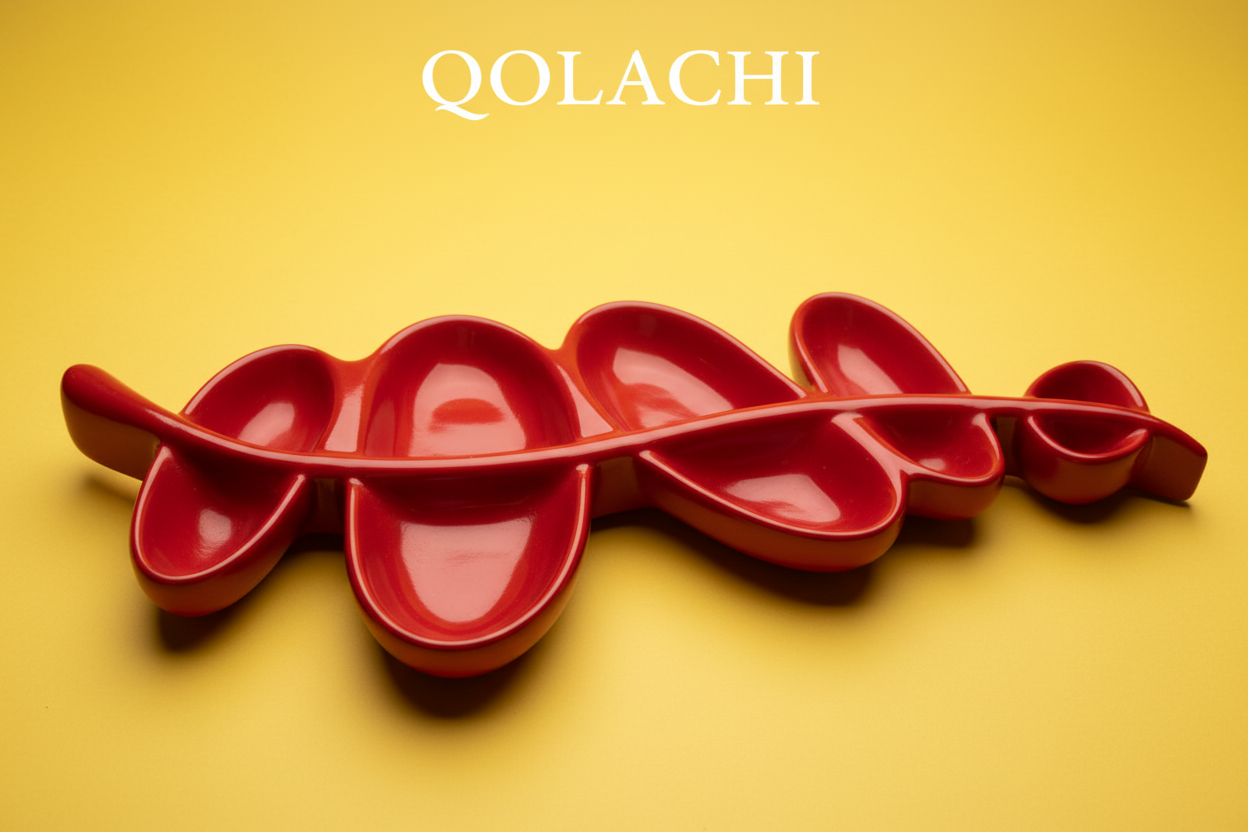 Aurum Botanica Leaf Tray – Red on Golden Yellow Background | Qolachi Interiors