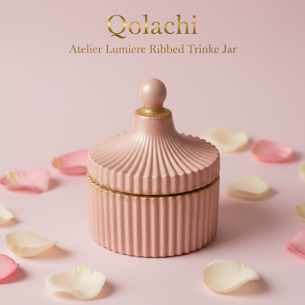 Qolachi Atelier Lumiere Ribbed Trinket Jar in Blush Pink Metallic Matte with Gold contrast
