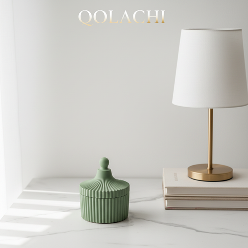 Atelier Ribbed Ceramic Trinket Jar in Sage Whisper — Qolachi Signature Collection